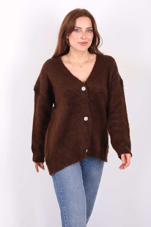 Düğmeli Kadın Kahverengi Uzun Triko Hırka - 6