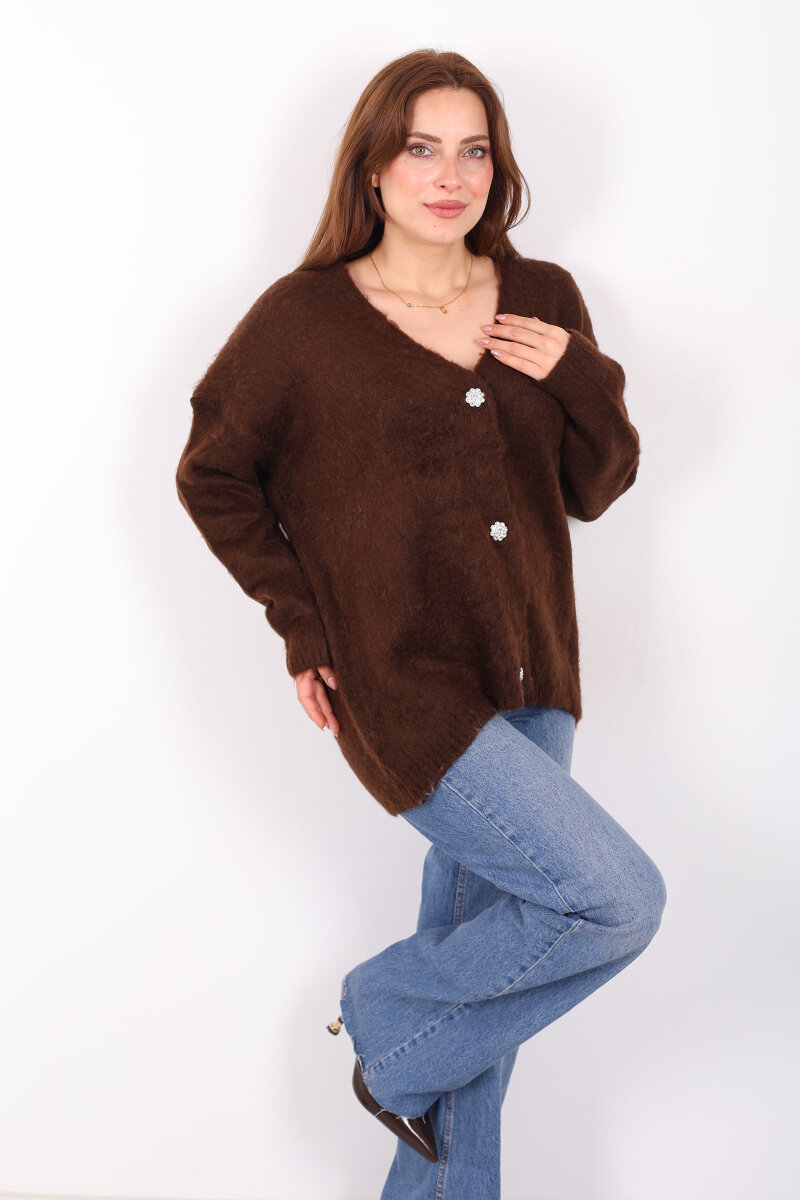 Düğmeli Kadın Kahverengi Uzun Triko Hırka - 1