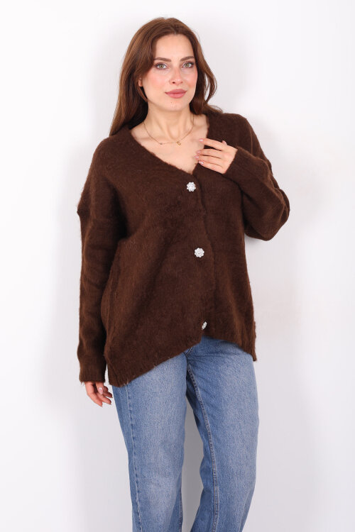 Düğmeli Kadın Kahverengi Uzun Triko Hırka - 4