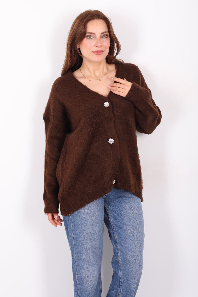 Düğmeli Kadın Kahverengi Uzun Triko Hırka - 4