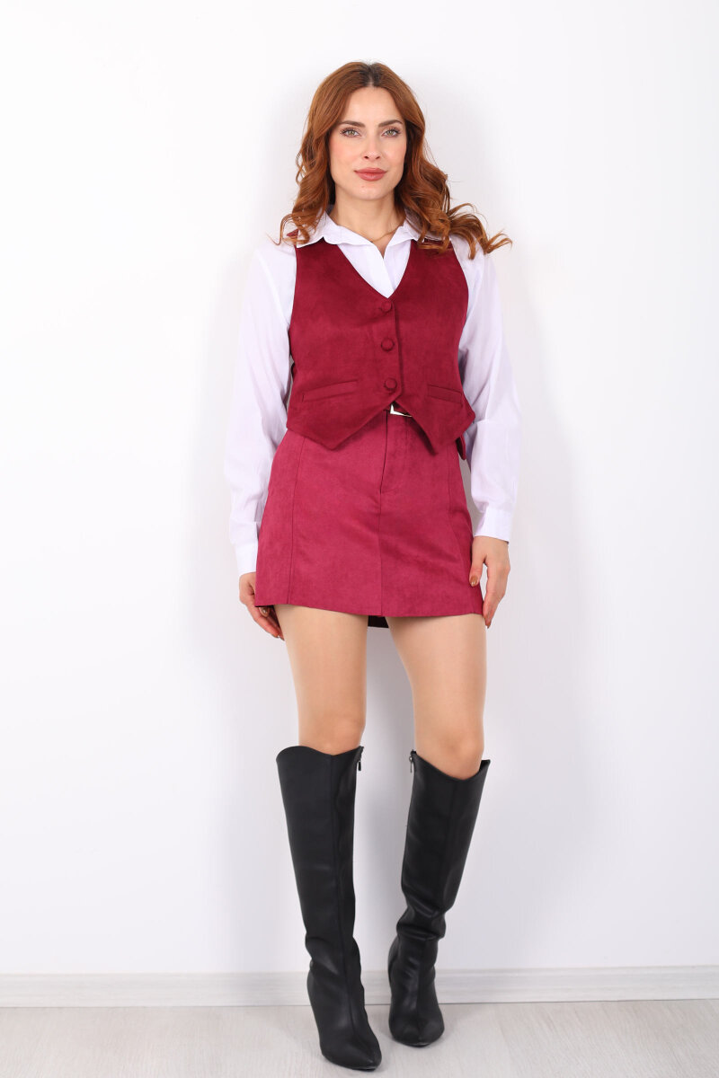 Düğmeli Kadın Mürdüm Süet Yelek - 5