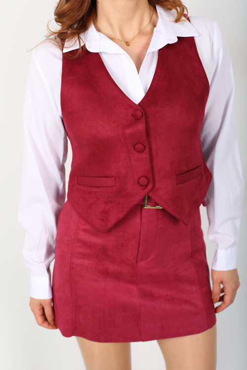 Düğmeli Kadın Mürdüm Süet Yelek - Berox (1)