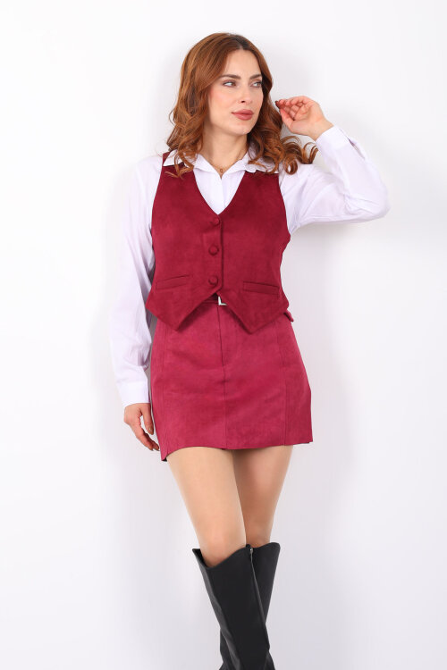 Düğmeli Kadın Mürdüm Süet Yelek - 3