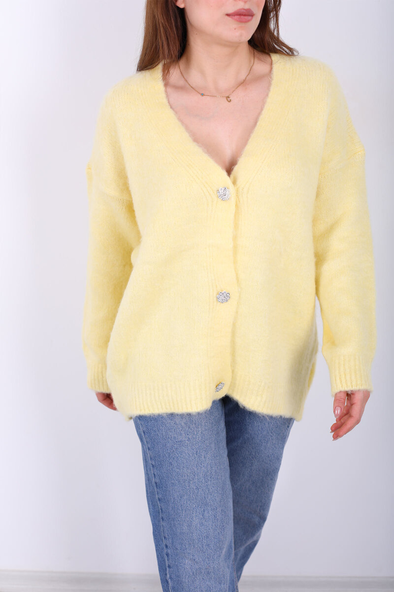 Düğmeli Kadın Sarı Uzun Triko Hırka - 2