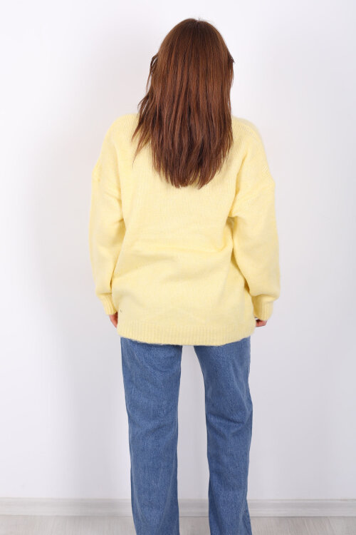 Düğmeli Kadın Sarı Uzun Triko Hırka - 5