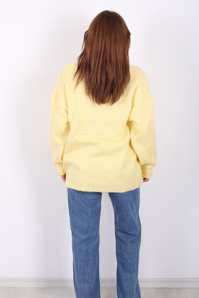 Düğmeli Kadın Sarı Uzun Triko Hırka - 5