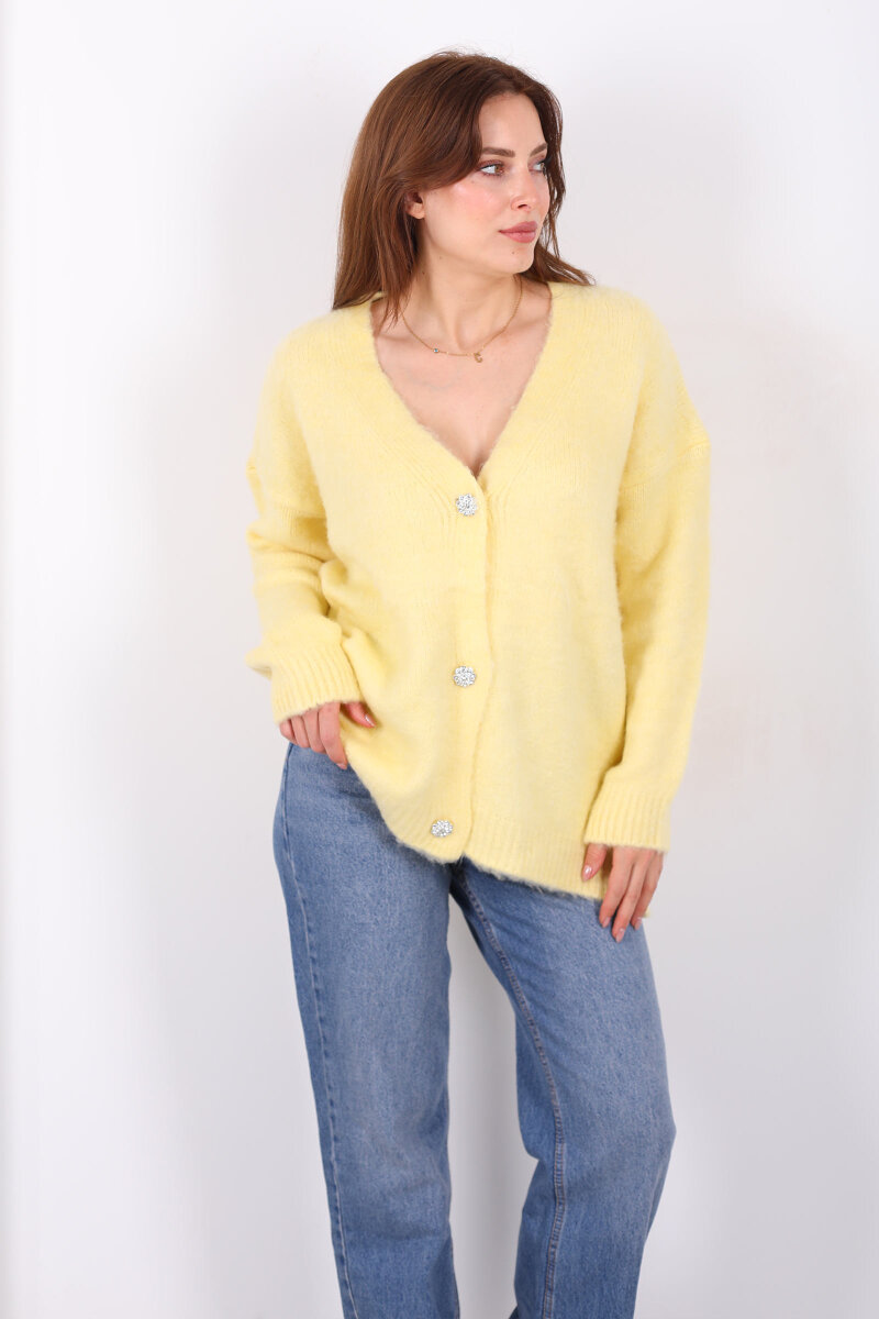 Düğmeli Kadın Sarı Uzun Triko Hırka - 7