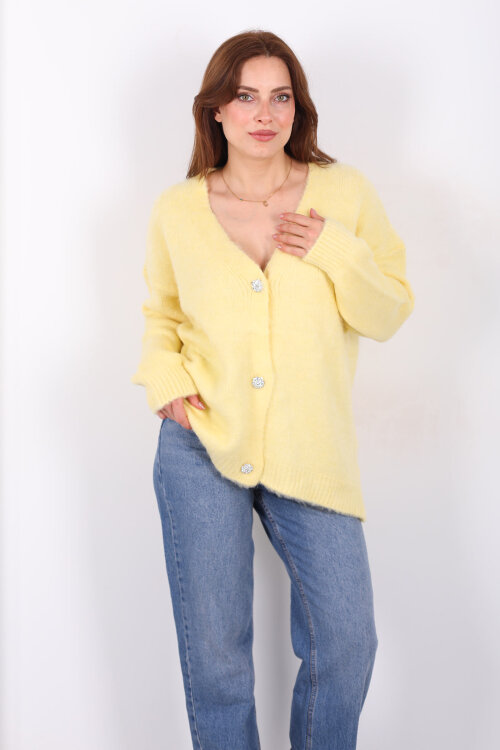 Düğmeli Kadın Sarı Uzun Triko Hırka - 4