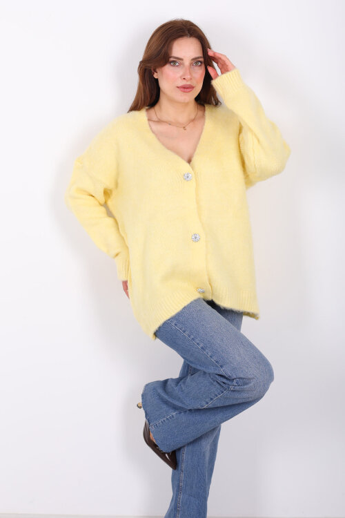 Düğmeli Kadın Sarı Uzun Triko Hırka - Berox