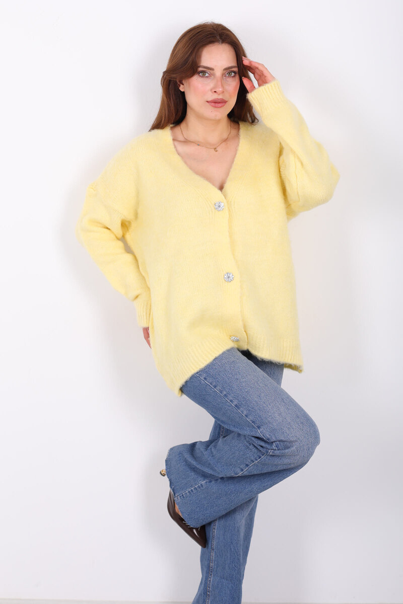 Düğmeli Kadın Sarı Uzun Triko Hırka - 1