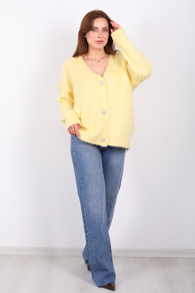 Düğmeli Kadın Sarı Uzun Triko Hırka - 3