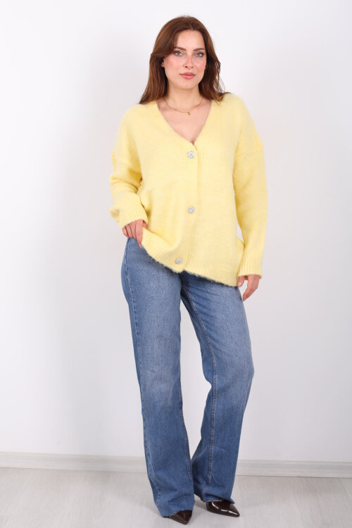 Düğmeli Kadın Sarı Uzun Triko Hırka - 6