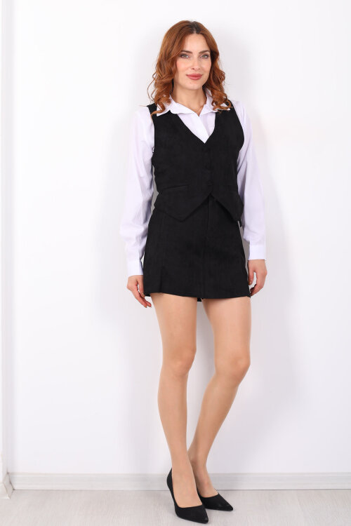 Düğmeli Kadın Siyah Süet Yelek - 6