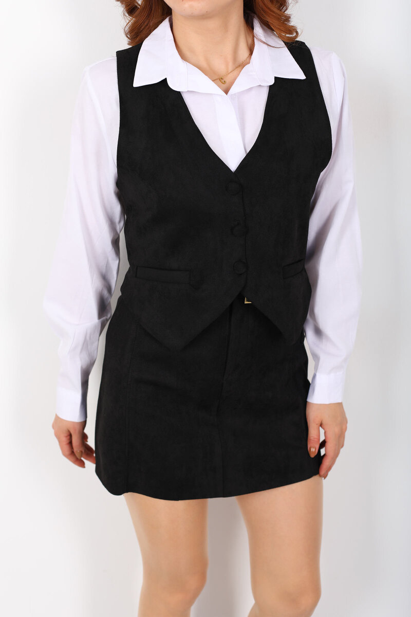 Düğmeli Kadın Siyah Süet Yelek - 2