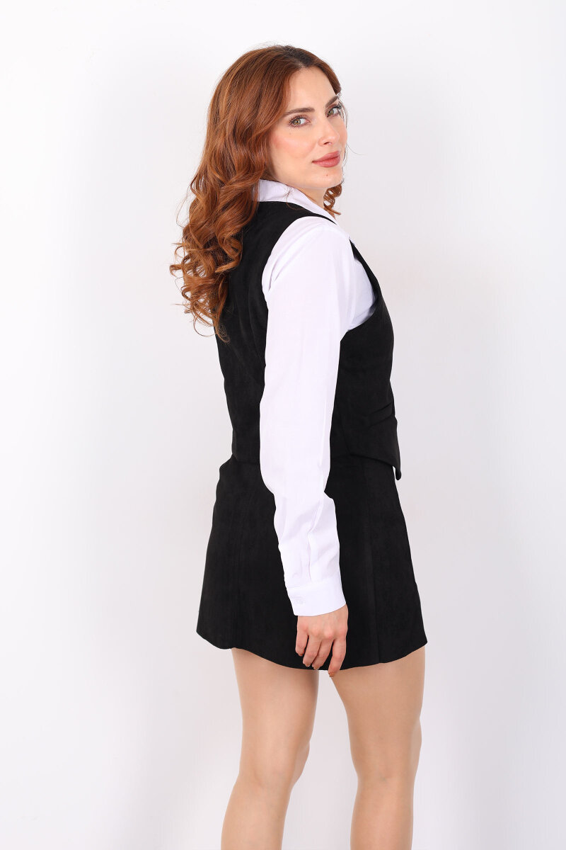 Düğmeli Kadın Siyah Süet Yelek - 5