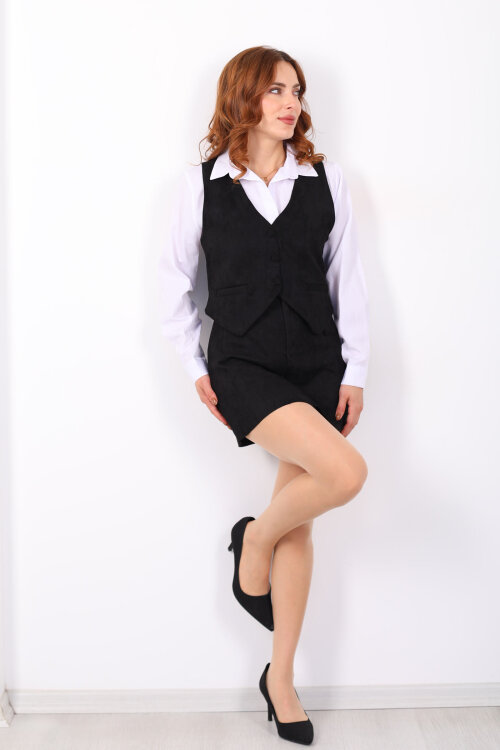 Düğmeli Kadın Siyah Süet Yelek - 3