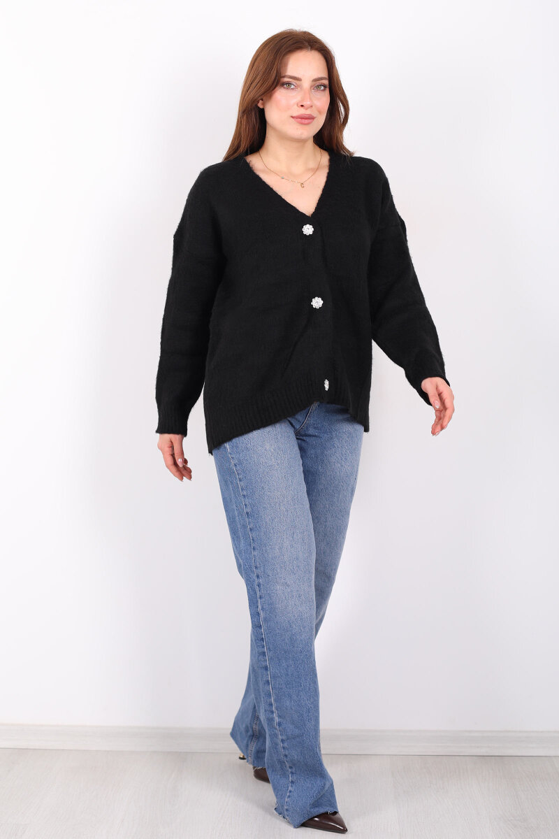 Düğmeli Kadın Siyah Uzun Triko Hırka - 3