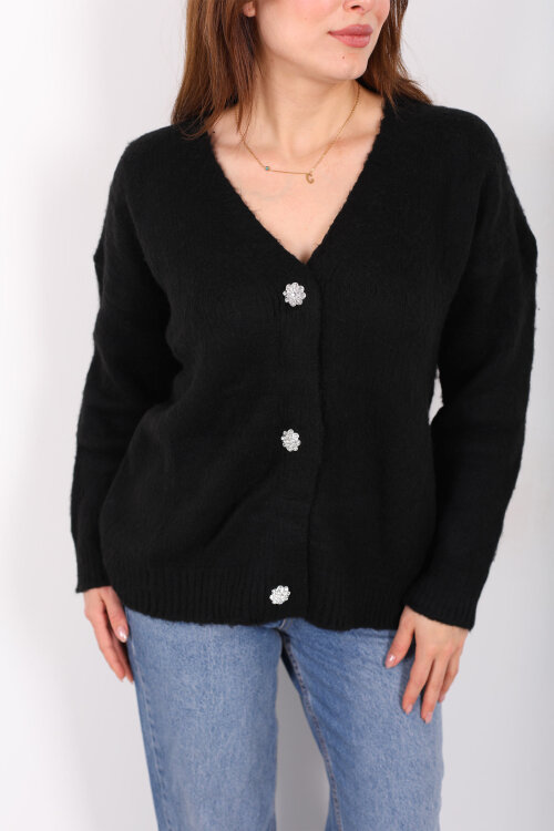 Düğmeli Kadın Siyah Uzun Triko Hırka - Berox (1)