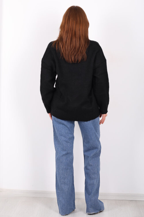 Düğmeli Kadın Siyah Uzun Triko Hırka - 5