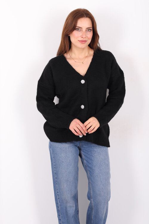 Düğmeli Kadın Siyah Uzun Triko Hırka - 4