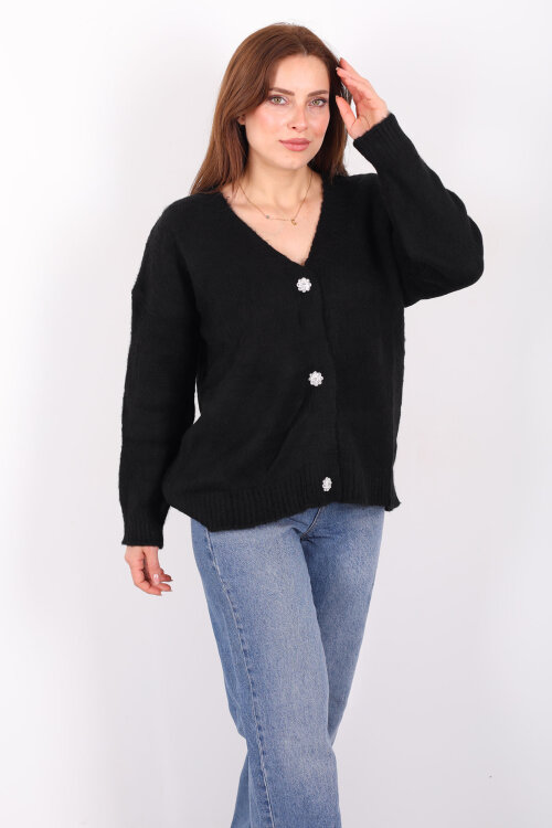 Düğmeli Kadın Siyah Uzun Triko Hırka 