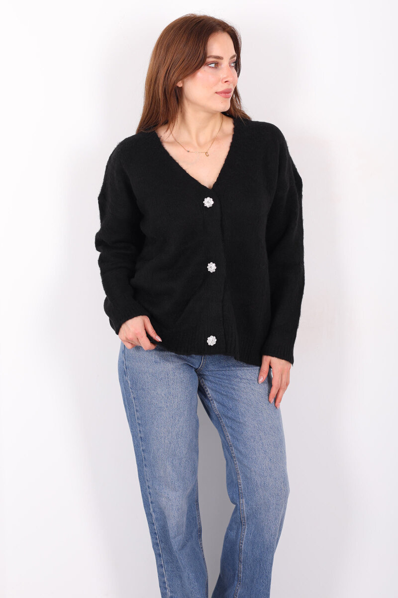 Düğmeli Kadın Siyah Uzun Triko Hırka - 6