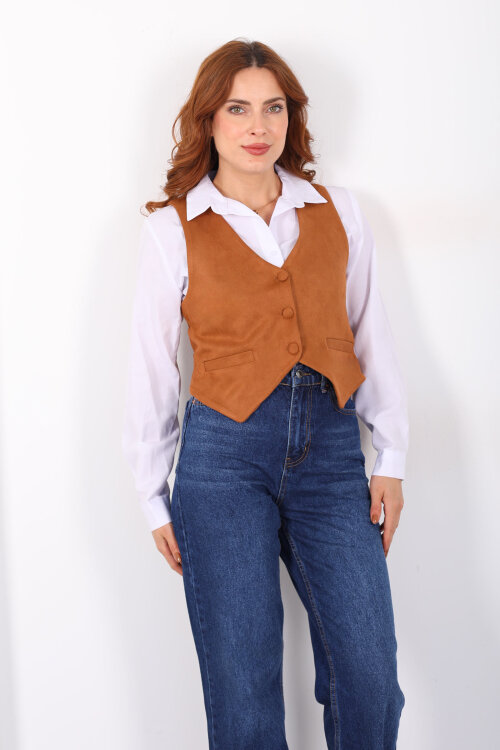 Düğmeli Kadın Taba Süet Yelek - 6
