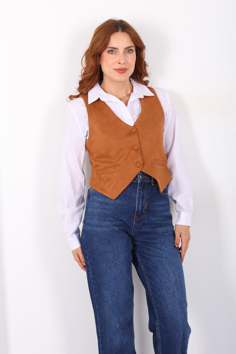 Düğmeli Kadın Taba Süet Yelek - 6