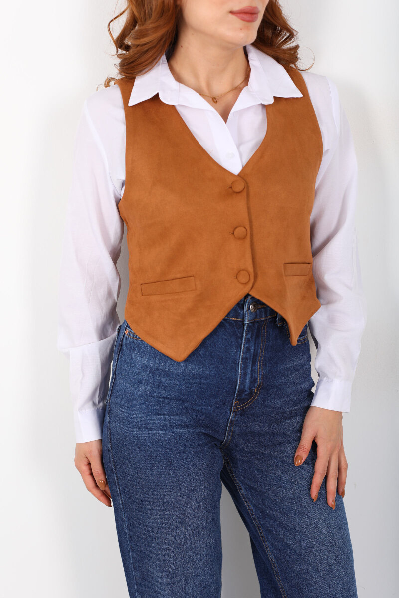 Düğmeli Kadın Taba Süet Yelek - 2