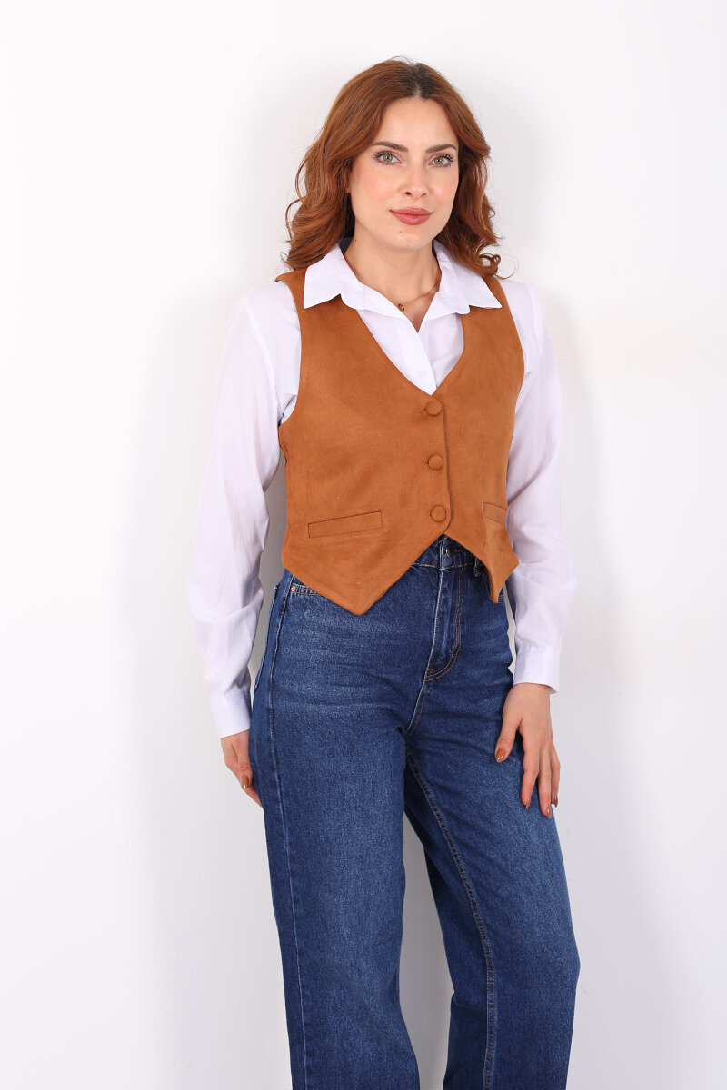 Düğmeli Kadın Taba Süet Yelek - 3
