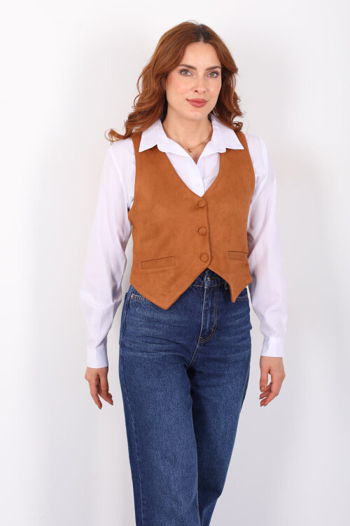 Düğmeli Kadın Taba Süet Yelek - 4