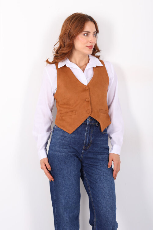 Düğmeli Kadın Taba Süet Yelek - Berox