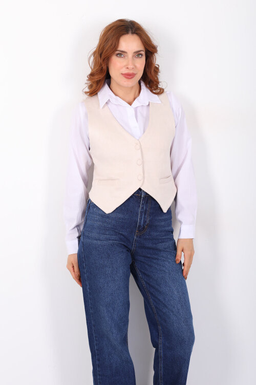 Düğmeli Kadın Taş Rengi Süet Yelek - 4
