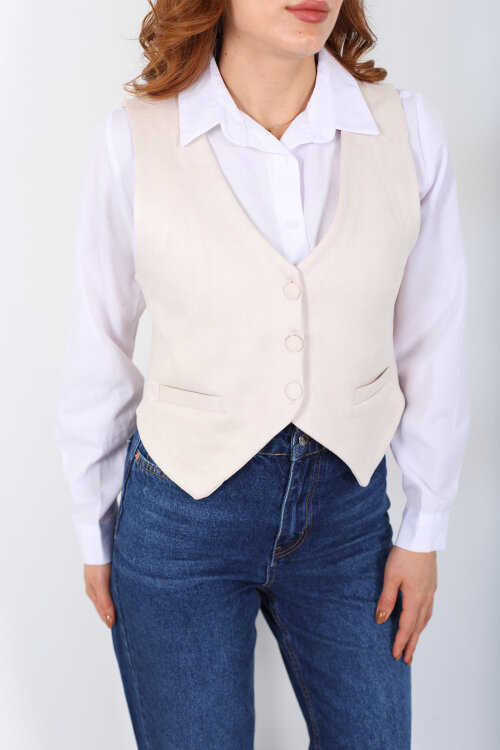 Düğmeli Kadın Taş Rengi Süet Yelek - Berox (1)