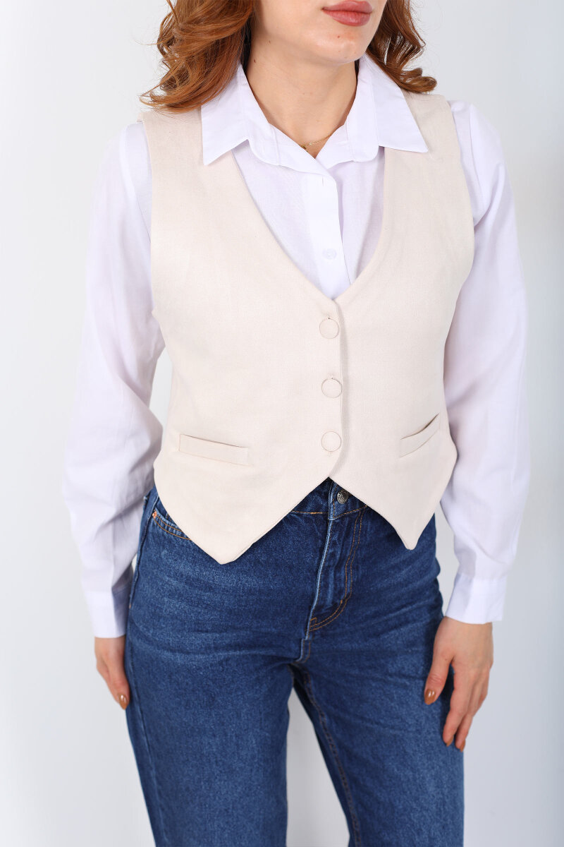 Düğmeli Kadın Taş Rengi Süet Yelek - 2