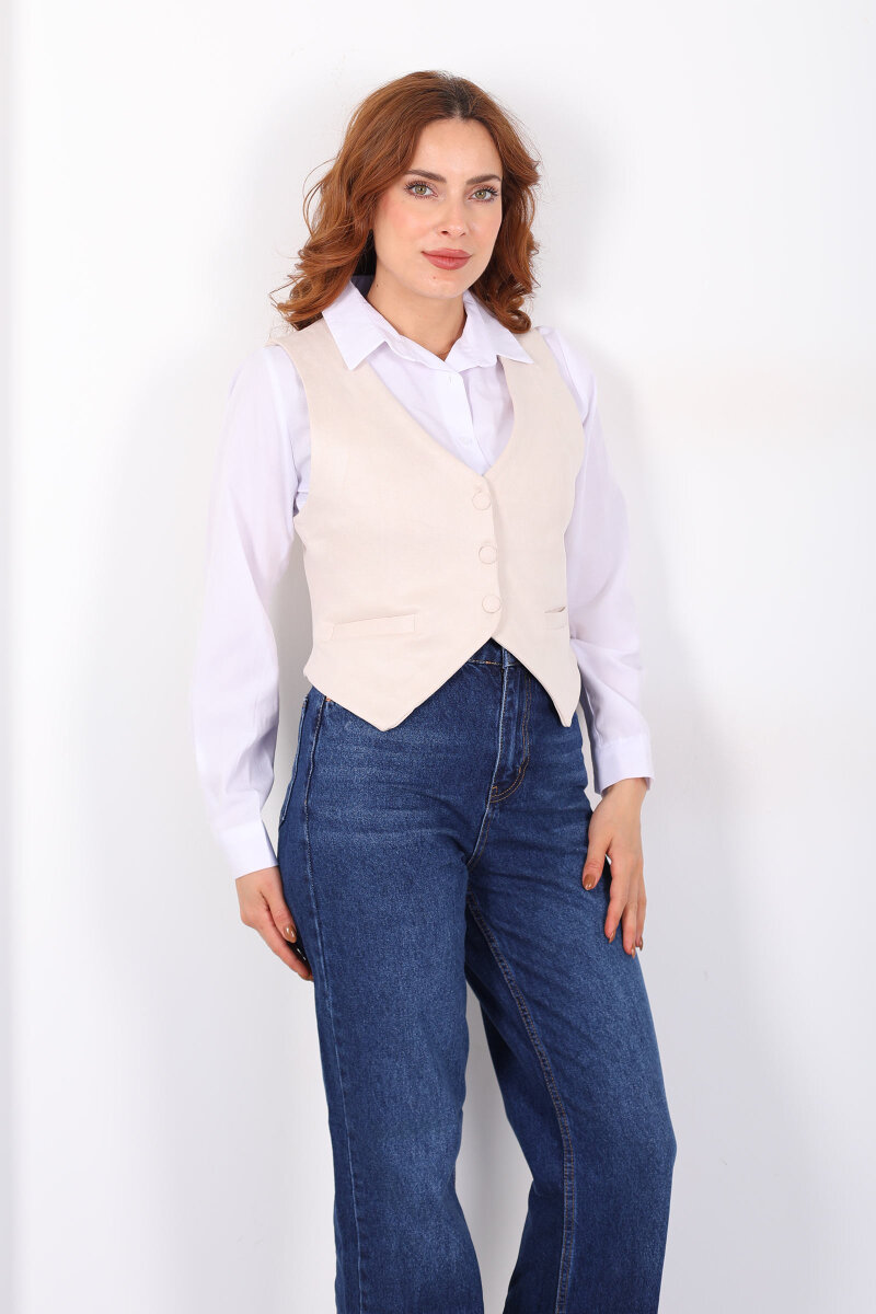 Düğmeli Kadın Taş Rengi Süet Yelek - 6