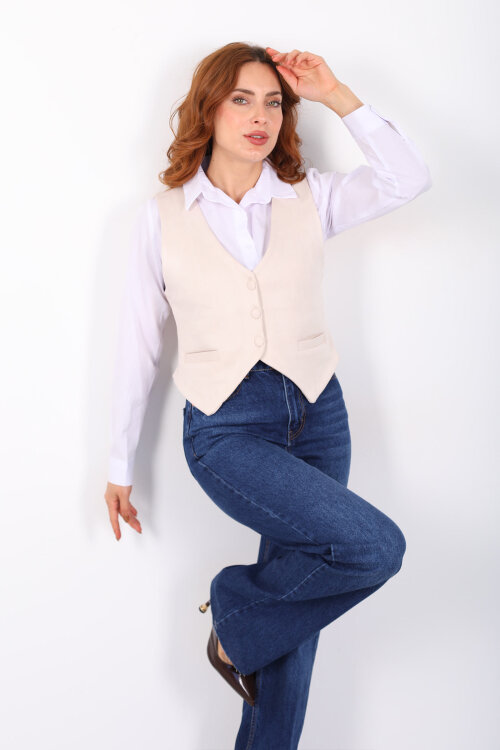 Düğmeli Kadın Taş Rengi Süet Yelek - Berox