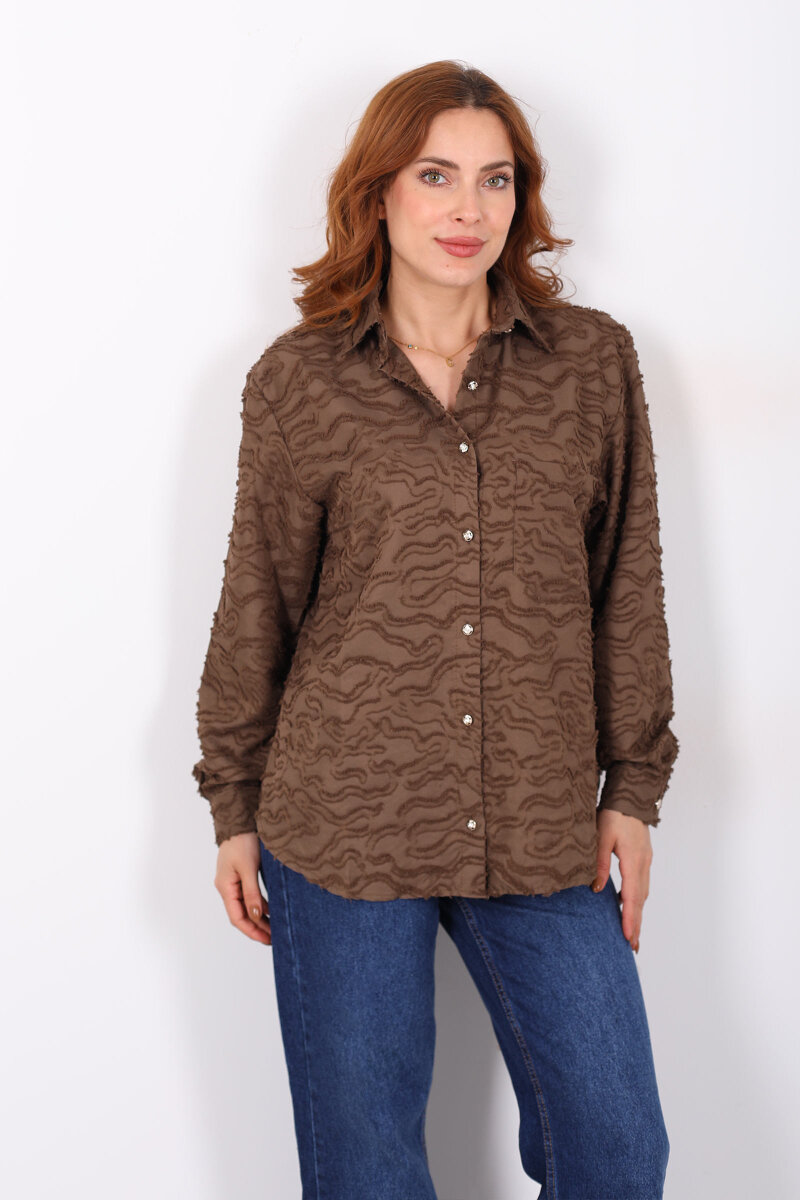 Düğmeli Kahverengi Kadın Jakarlı Gömlek - 4