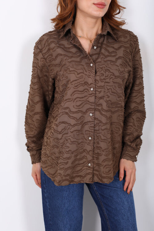 Düğmeli Kahverengi Kadın Jakarlı Gömlek - Berox (1)