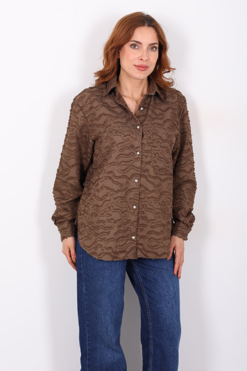Düğmeli Kahverengi Kadın Jakarlı Gömlek - 6