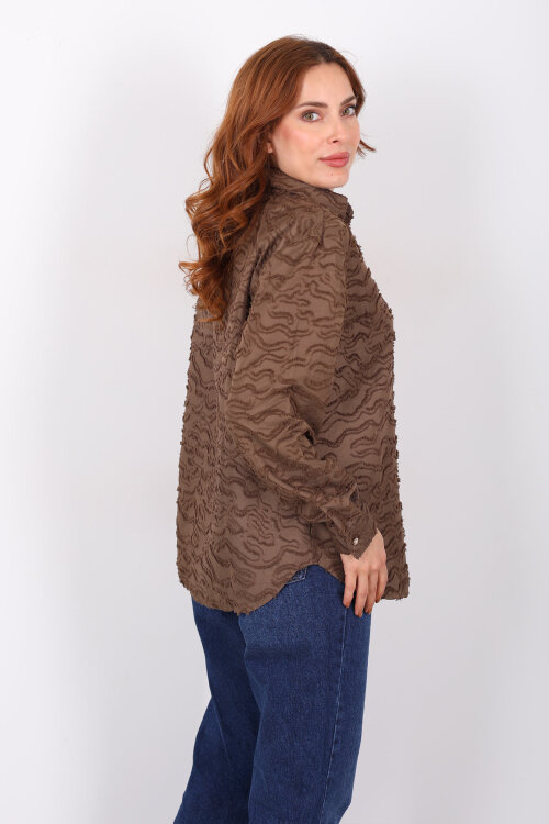 Düğmeli Kahverengi Kadın Jakarlı Gömlek - 5