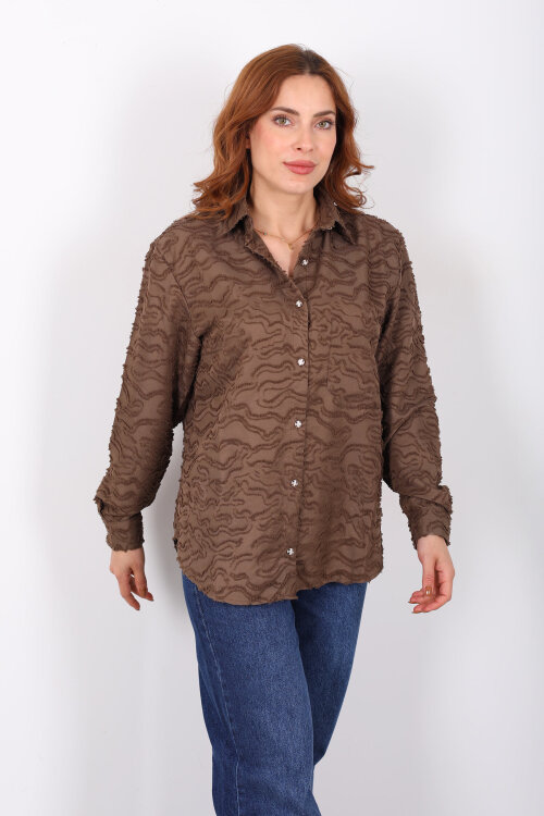 Düğmeli Kahverengi Kadın Jakarlı Gömlek - 3