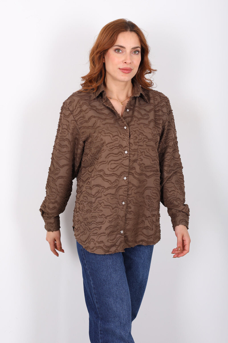 Düğmeli Kahverengi Kadın Jakarlı Gömlek - 3