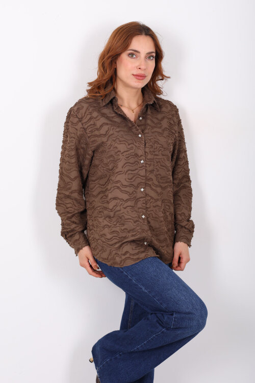 Düğmeli Kahverengi Kadın Jakarlı Gömlek - Berox
