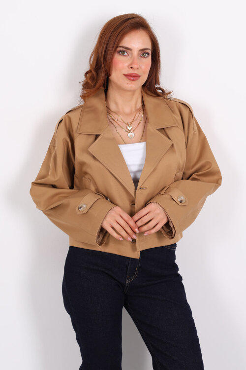 Düğmeli Kısa Camel Kadın Trençkot - 3