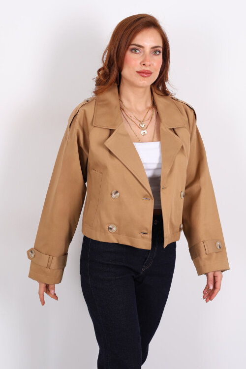 Düğmeli Kısa Camel Kadın Trençkot - 6