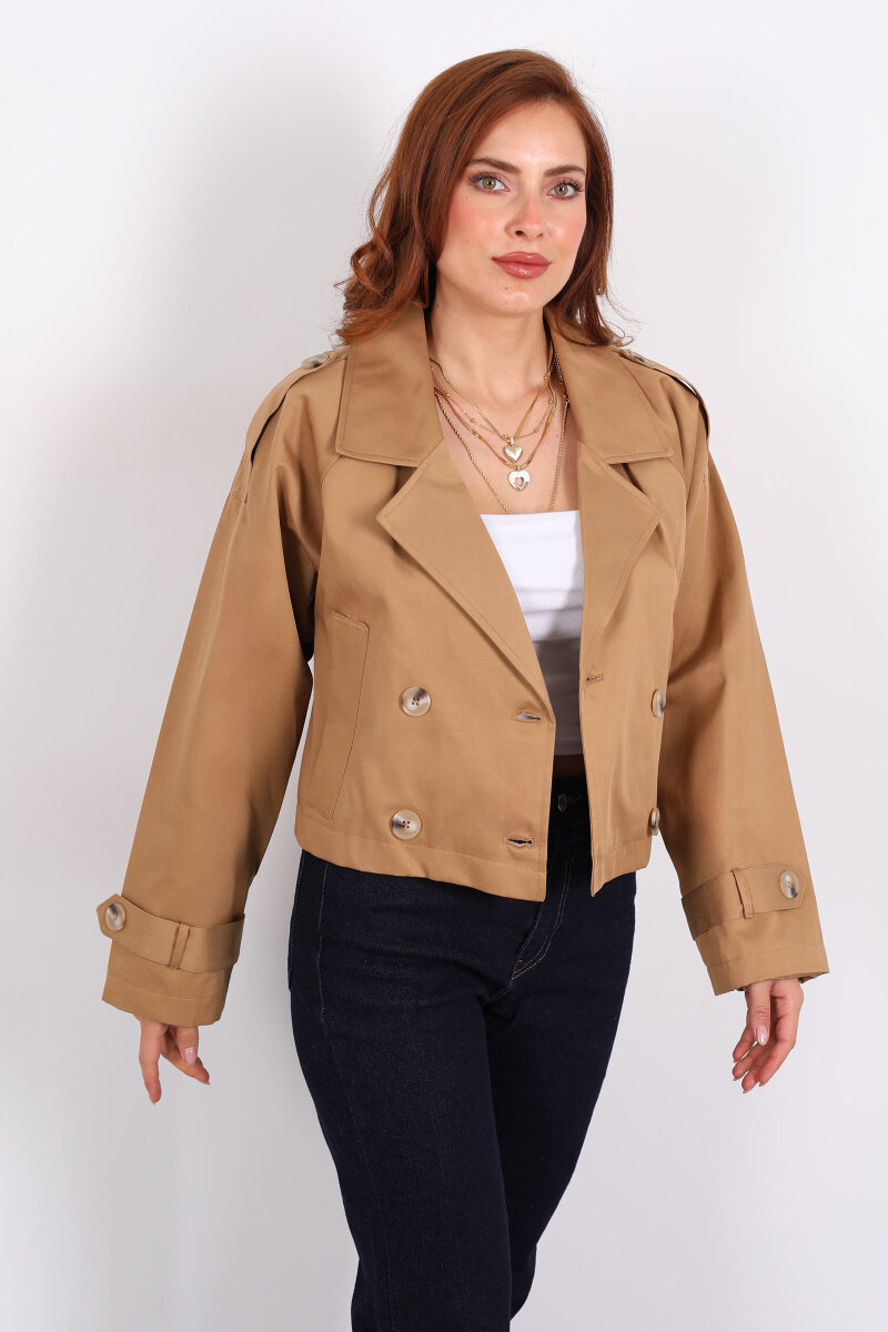 Düğmeli Kısa Camel Kadın Trençkot - 6