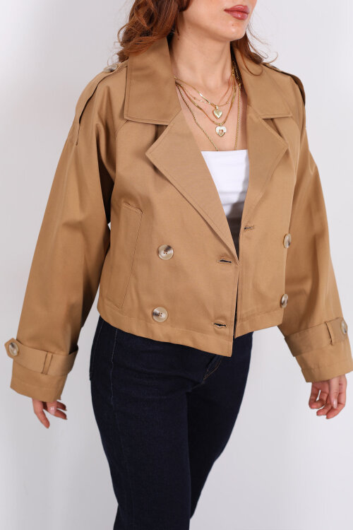 Düğmeli Kısa Camel Kadın Trençkot - Berox (1)