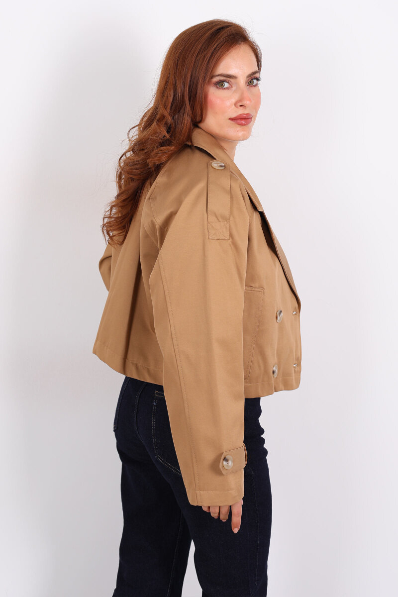 Düğmeli Kısa Camel Kadın Trençkot - 5