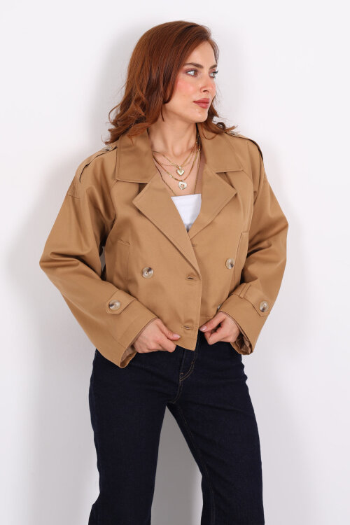 Düğmeli Kısa Camel Kadın Trençkot - 4